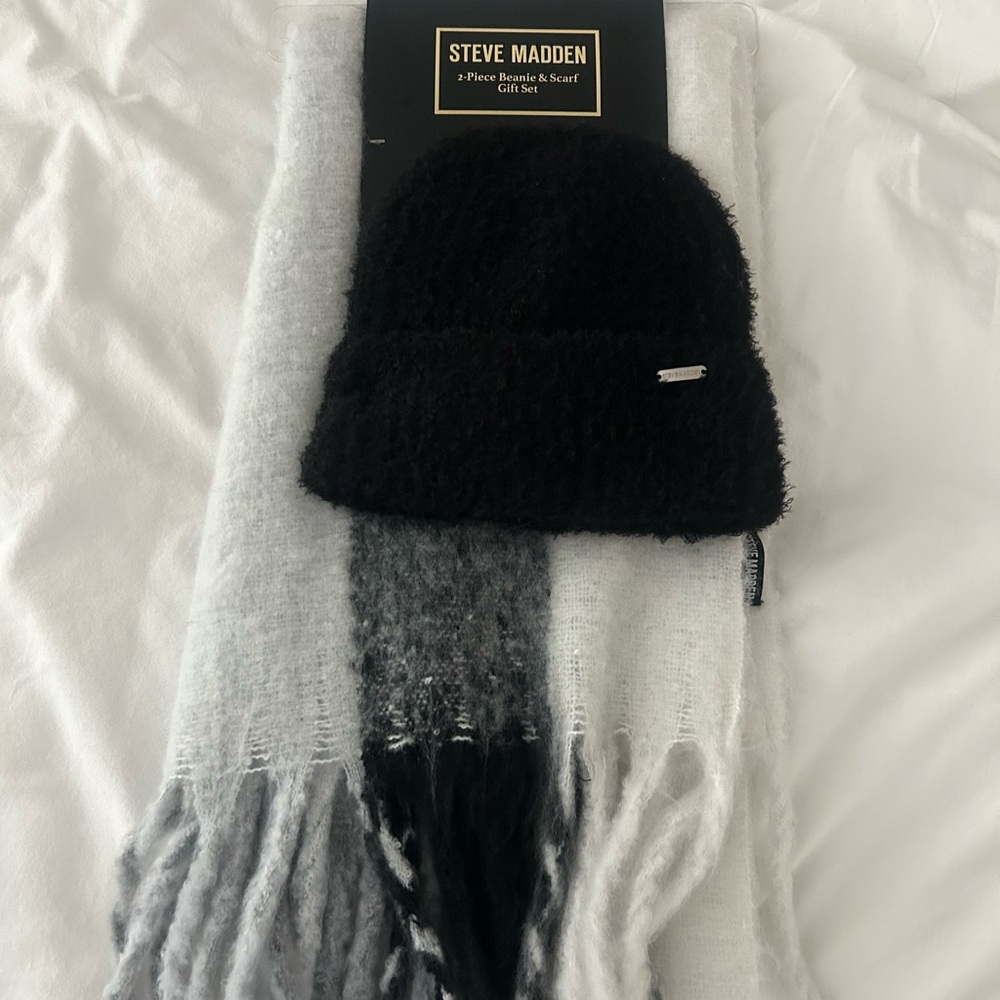 Steve Madden Black and Gray Beanie Scarf Set